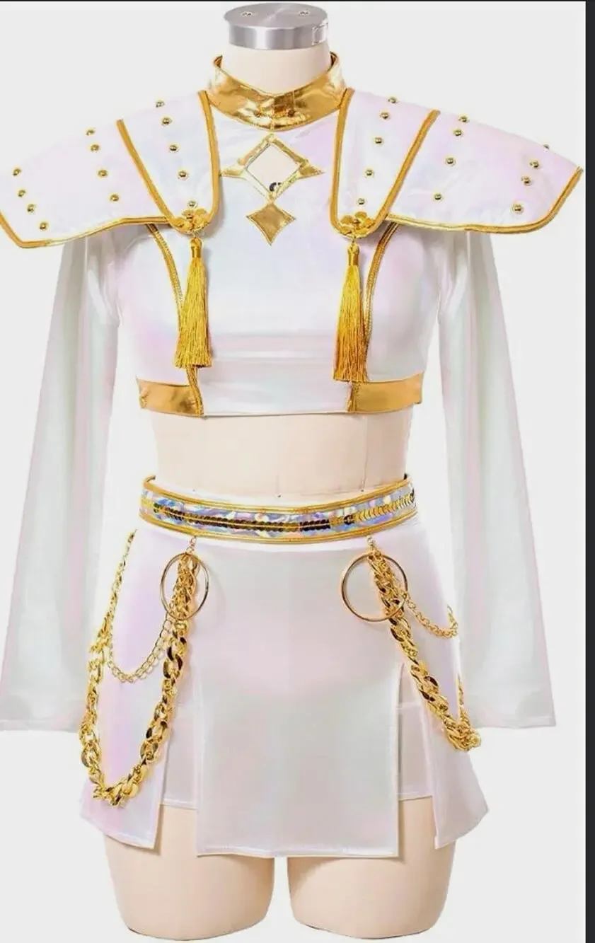 Metallic Cosplay Complete Outfit Costume White/Gold Polyester Girls Size 140